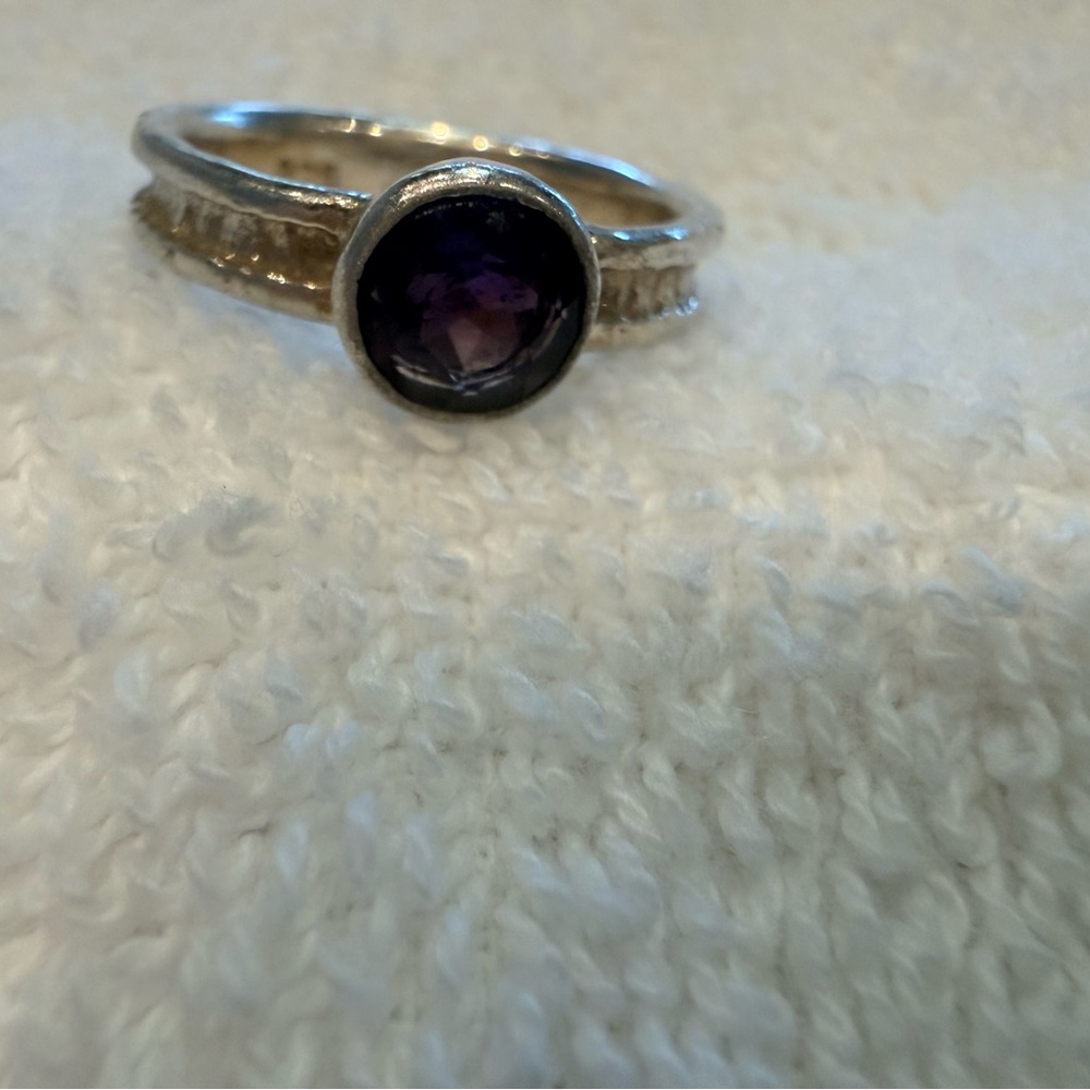 BASK artist Sterling Silver hammered ring Deep Purple amethyst approx size 6-7